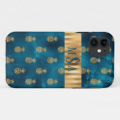 金属エレガントティール（緑がかった色）金ゴールドパイナップルモノグラム Case-Mate iPhoneケース (裏面(横))