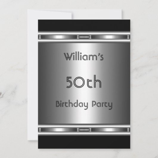金属エレガントルックシルバーブラック50th誕生日メンズ 招待状 (正面)