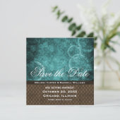 金属ギア保存日付招待状、ティール（緑がかった色） 招待状 (スタンド正面)