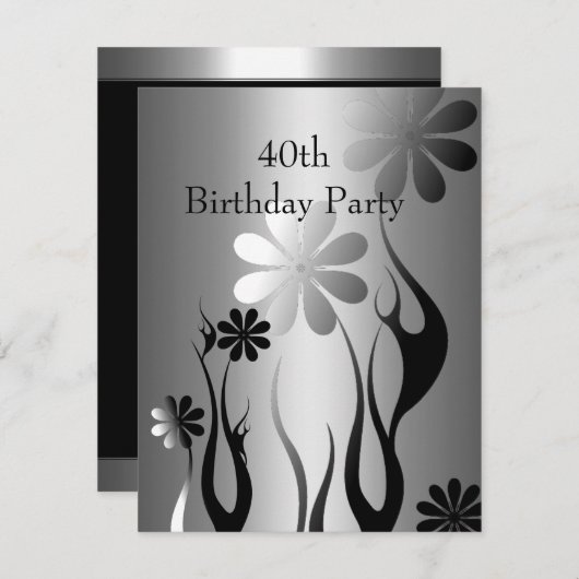 金属クロム白黒スタイル銀40位フローラ 招待状 (正面/裏面)