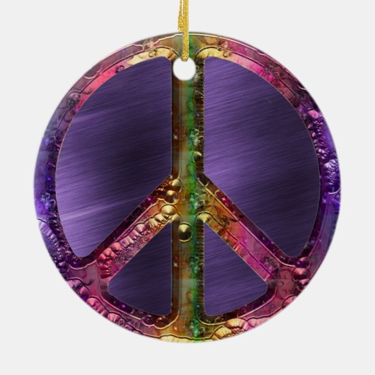 金属グランジな紫色のピースサインのクリスマスの装飾 セラミックオーナメント (裏面)