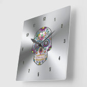 金属ステンレス鋼のカラフルな花のスカル スクエア壁時計 (傾斜)