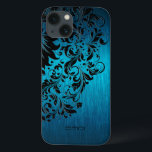 金属ターコイズブラッシュアルミニウムブラックレース2 iPhone 13ケース<br><div class="desc">ブルーグリーンエレガントターコイズメタリック背景ブラッシュアルミニウムはブラックフローラレースに見える。カスタマイズ可能なモノグラムレース位置のこのデザイン上の違ういくつかのバージョン。</div>