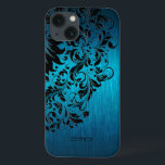 金属ターコイズブラッシュアルミニウムブラックレース2 iPhone 13ケース<br><div class="desc">ブルーグリーンエレガントターコイズメタリック背景ブラッシュアルミニウムはブラックフローラレースに見える。カスタマイズ可能なモノグラムレース位置のこのデザイン上の違ういくつかのバージョン。</div>