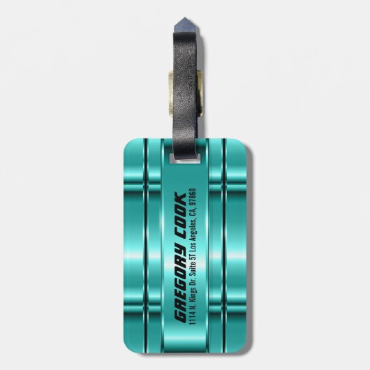金属ティール（緑がかった色）グリーンストライプスフェイクレス鋼 ラゲッジタグ (裏面縦)