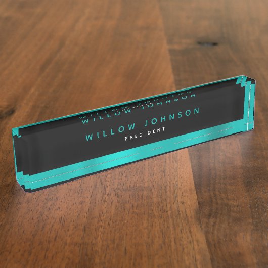 金属ティール(緑がかった色)級エグゼクティブビジネスギフト デスクネームプレート (側面)