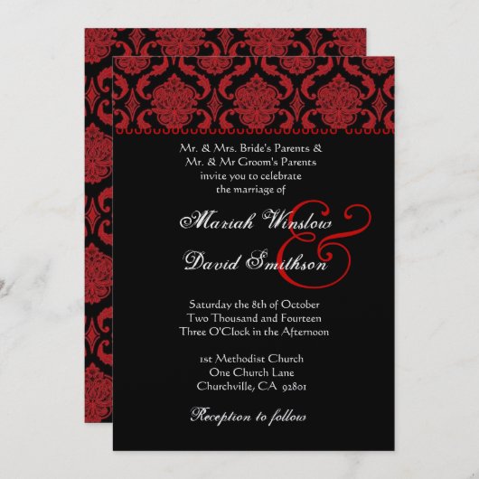 金属テンプレートを結婚する赤い白黒のダマスク織 招待状 (正面/裏面)