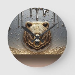 金属ドリップ効果のあるゴールデンベアレリーフ 🐻 ラウンド壁時計