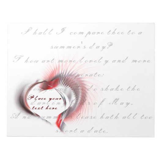 金属ハートとシェイクスピアのソネット18 ノートパッド (正面)