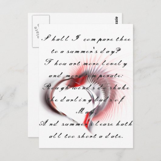 金属ハートとシェイクスピアのソネット18 ポストカード (正面/裏面)