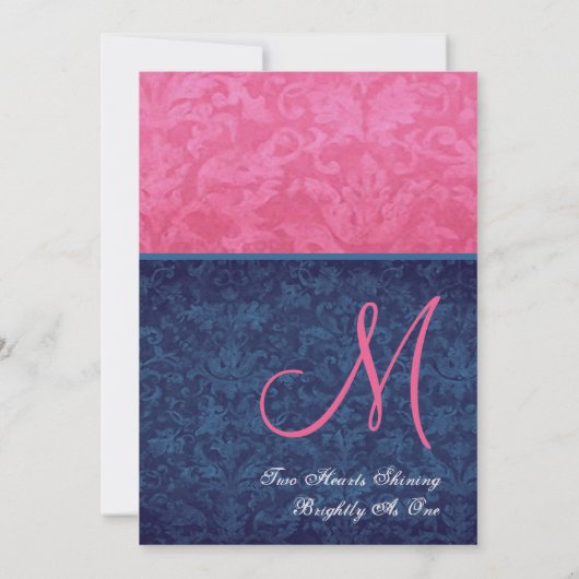 金属ピンクおよび濃紺のダマスク織の結婚 招待状 (裏面)