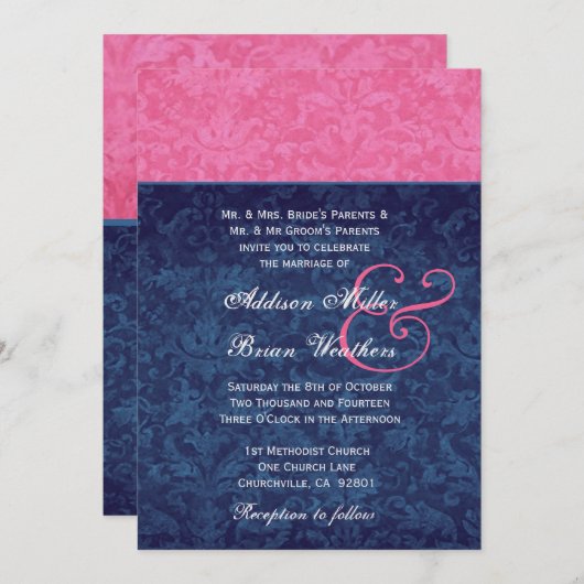 金属ピンクおよび濃紺のダマスク織の結婚 招待状 (正面/裏面)