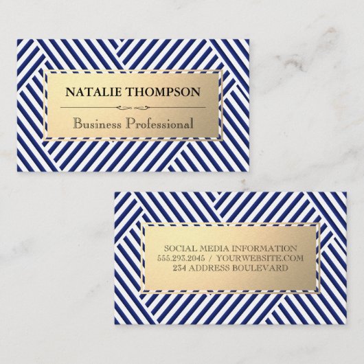 金属フレーム |青い白のパタストライプのーン 名刺 (正面/裏面)