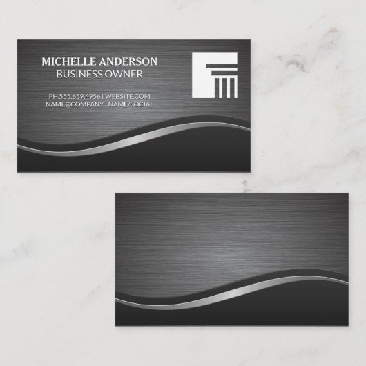 金属ブラシ付き波の背景 |ピラーアイコン 名刺 (正面/裏面)