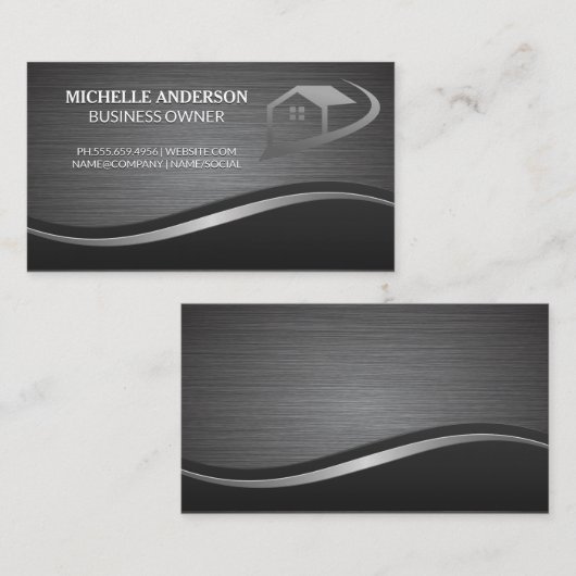 金属ブラシ付き波の背景 |実在財産 名刺 (正面/裏面)