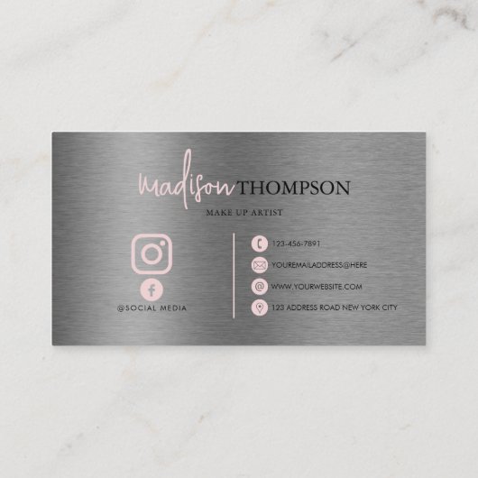 金属ブラシ鋼銀文字ピンクQRコード 名刺 (裏面)