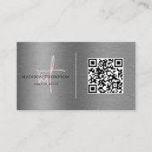 金属ブラシ鋼銀文字ピンクQRコード 名刺 (正面)