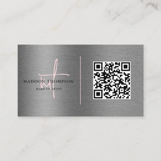 金属ブラシ鋼銀文字ピンクQRコード 名刺 (正面)