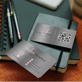 金属ブラシ鋼銀文字ピンクQRコード 名刺