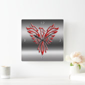 金属一見に上がる赤い様式化されたフェニックス スクエア壁時計 (ホーム)