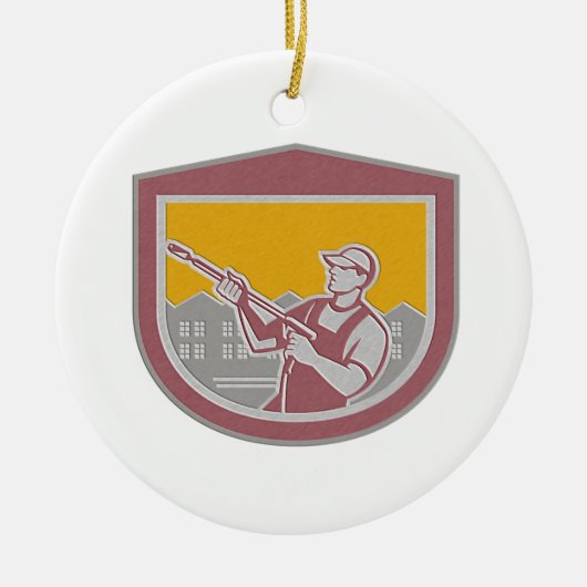 金属圧力洗濯機の洗剤の労働者のレトロShie セラミックオーナメント (正面)