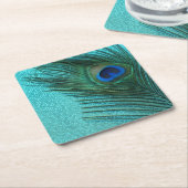 金属水の青い孔雀の羽 スクエアペーパーコースター (アングル)