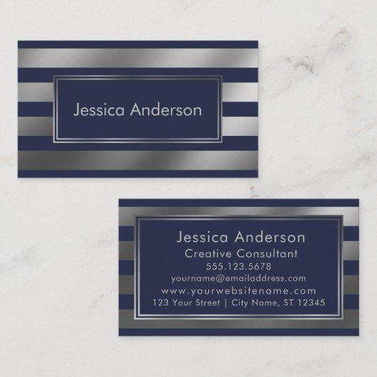 金属滑らかでフェイクな銀ぱくおよび海軍は縞で飾ります 名刺 (正面/裏面)