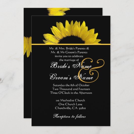 金属紙を結婚する黄色および黒いヒマワリ 招待状 (正面/裏面)