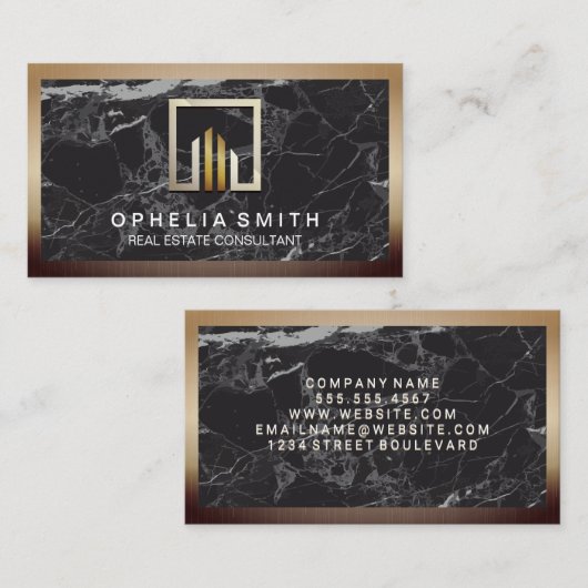 金属縁ど |黒大理石の背景 名刺 (正面/裏面)
