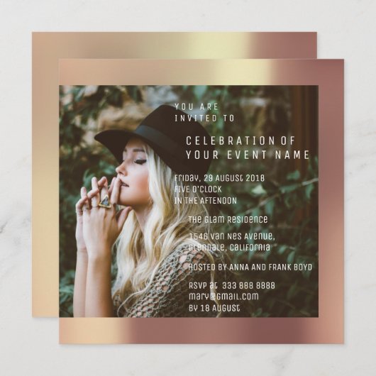 金属花嫁のFotoの卒業パーティーの銅のバラ 招待状 (正面/裏面)