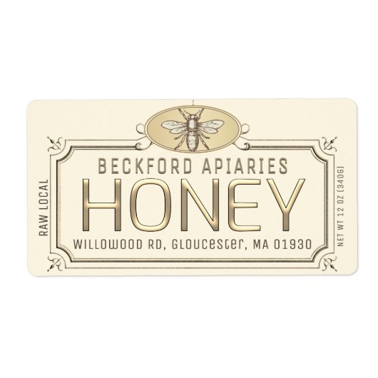 金属製金ゴールド3Dフレーム蜂蜜ラベル付き蜂 ラベル (正面)