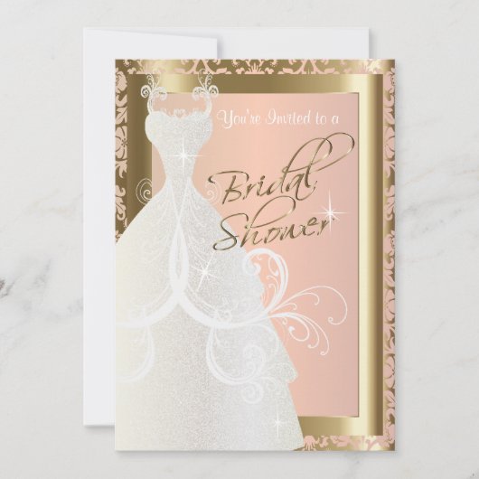 金属金ゴールドとピンクローズのブライダルシャワー 招待状 (正面)