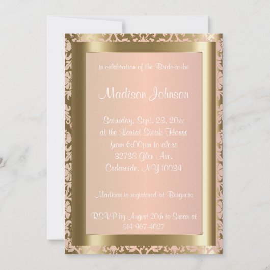 金属金ゴールドとピンクローズのブライダルシャワー 招待状 (裏面)