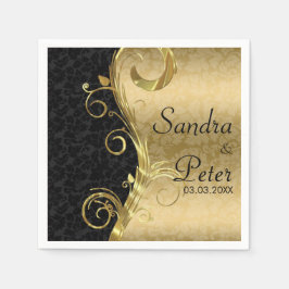 金属金ゴールドとブラックダマスク – 日付を保存 スタンダードカクテルナプキン
