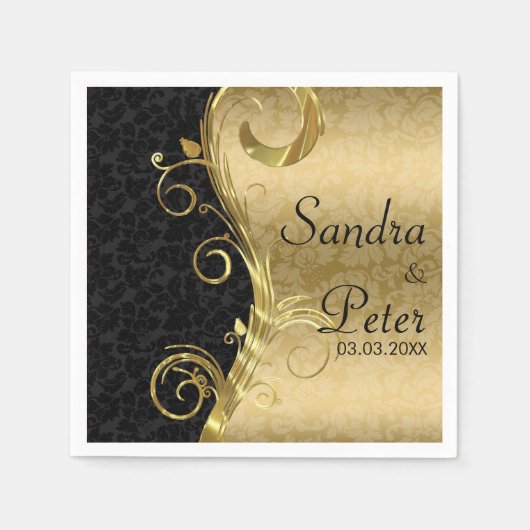 金属金ゴールドとブラックダマスク – 日付を保存 スタンダードカクテルナプキン (正面)