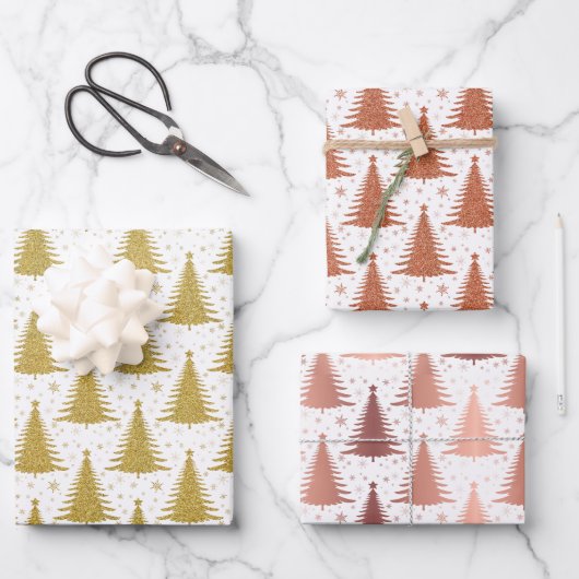 金属金ゴールドクリスマスツリーズパターングリッター ラッピングペーパーシート (正面)