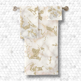 金属金ゴールドグリッター&宝石を包んだ白い大理石 バスタオルセット