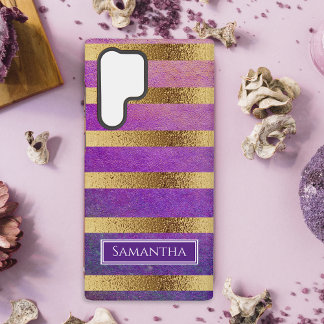 金属金ゴールドストライプの紫 SAMSUNG GALAXY S22 ULTRAケース