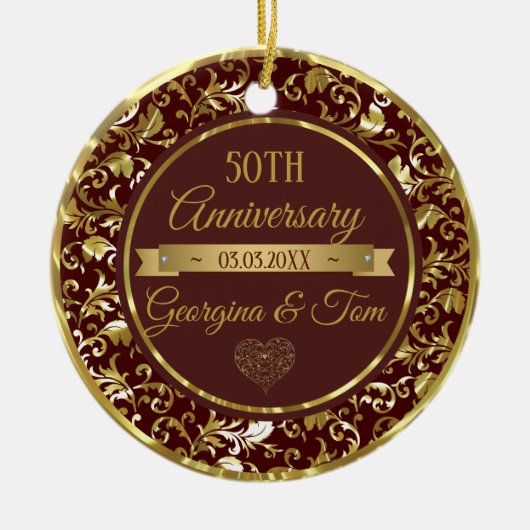 金属金ゴールドダマスク及びリボン セラミックオーナメント (正面)