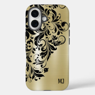 金属金ゴールドテクスチャ黒スワールアクセントモノグラム iPhone 16ケース