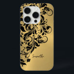 金属金ゴールドバックグラウンドブラックスワールオーナメント iPhone 15 PROケース<br><div class="desc">メタリックエレガント金ゴールドブラシされたアルミニウムの外観のイメージ上の黒い旋回レースオーナメント。</div>