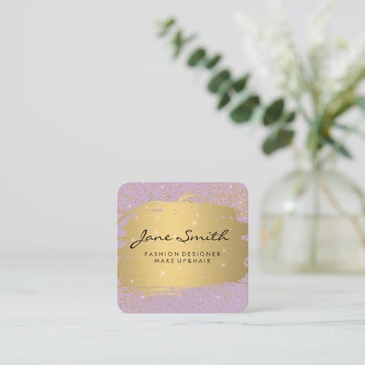 金属金ゴールドブラシ付き紫とスパークル スクエア名刺 (スタンド正面)