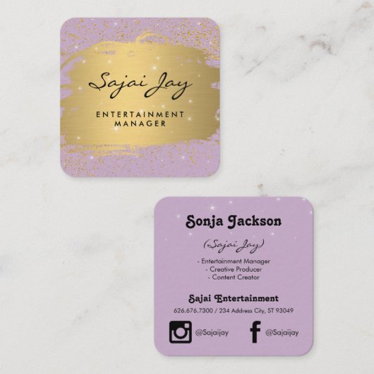 金属金ゴールドブラシ付き紫とスパーレ スクエア名刺 (正面/裏面)