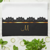 金属金ゴールド及びかわいらしく黒いレース キッチンタオル (折り畳み)