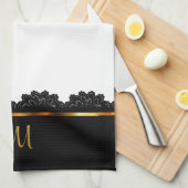 金属金ゴールド及びかわいらしく黒いレース キッチンタオル (四つ折り)