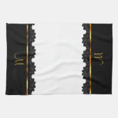 金属金ゴールド及びかわいらしく黒いレース キッチンタオル (横)