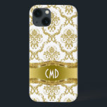 金属金ゴールド及び白色ヴィンテージフローラマスク iPhone 13ケース<br><div class="desc">金属エレガント金ゴールドと白フローラのダマ華美スクのパターカスタムンとオプションのモノグラム/名前。</div>
