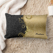 金属金ゴールド及び黒フローラダマスク ランバークッション (ブランケット)