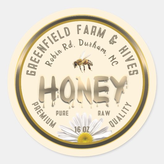 金属金ゴールド蜂蜜ラベルビーデイジー花アイボリー ラウンドシール (正面)