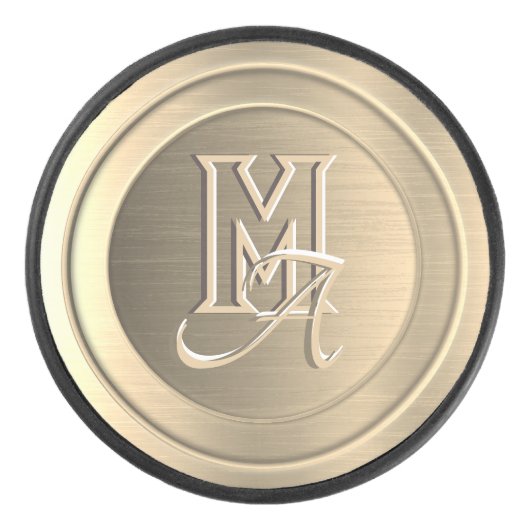 金属金ゴールド鋼(模造)刻印モノグラム アイスホッケーパック (正面)